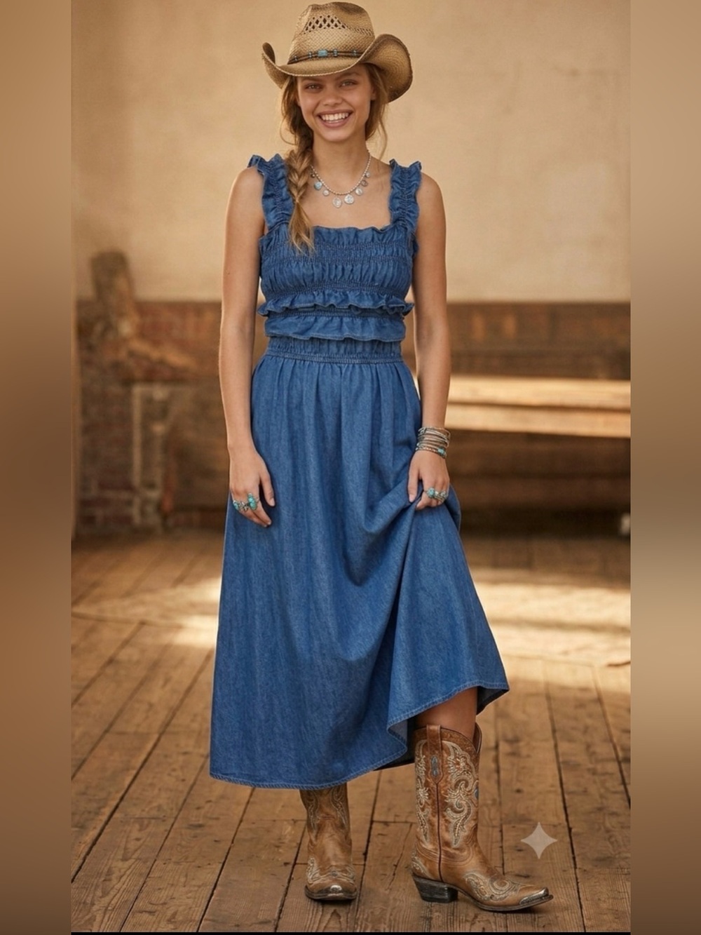 Kimchi Blue Kenzie Empire
Waist Bow Back Denim Maxi
Dress size medium